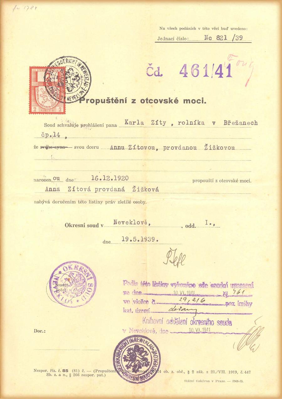 Propuštění z otcovské moci - 19.května 1939